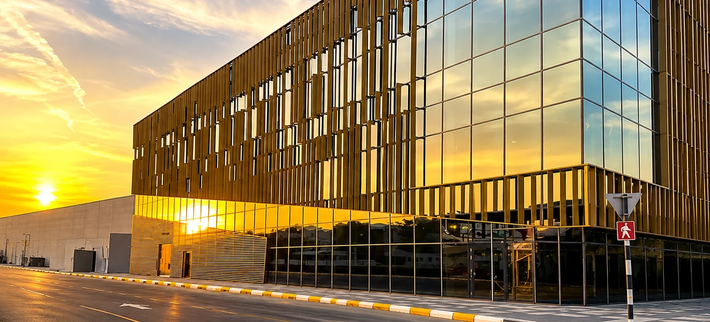 Fachada da nova sede em Dubai ao entardecer, com brises dourados e vidro espelhado