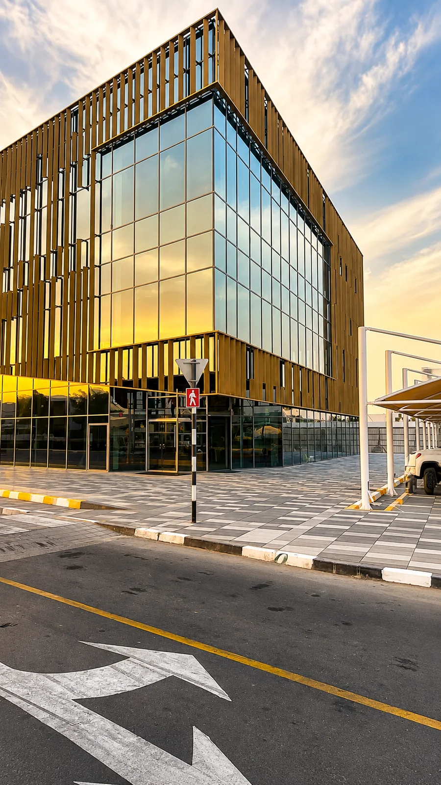 Esquina da sede em Dubai, com fachada dourada refletindo o céu